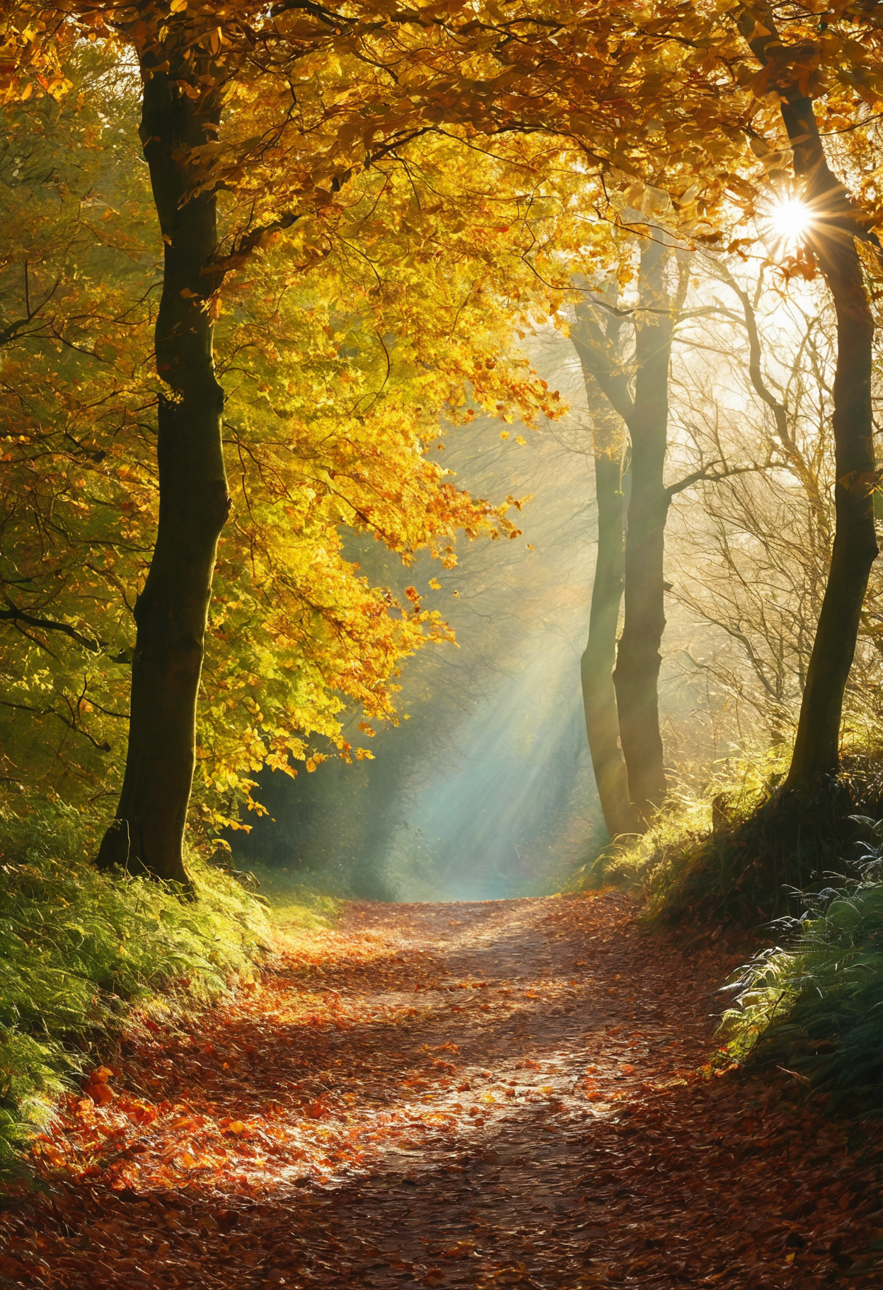 00164-photograph, a path in the woods with leaves and the sun shining , by Julian Allen, dramatic autumn landscape, ears, park, take o.png